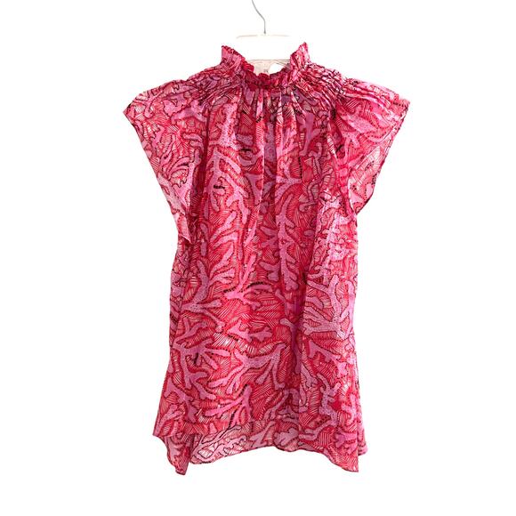 CHUFY Pink High Neck Cotton Silk Blouse Cottagecore Floral Spring Luxury XS - Picture 10 of 10